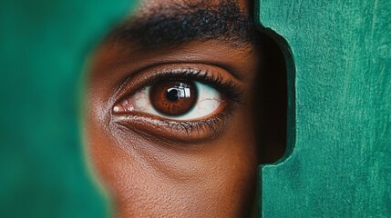 Intense gaze through a narrow opening: a striking close-up of a brown eye peering from behind a vibrant green surface, capturing mystery and intrigue.