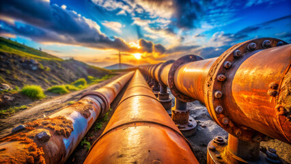 Industrial pipeline with rust in a construction trench