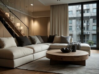 Cozy modern apartment interior with sectional sofa.
