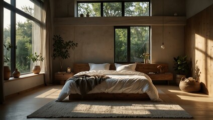 Cozy minimalist room with natural materials and sunlight.