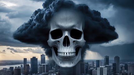 Dark skull in stormy city skyline