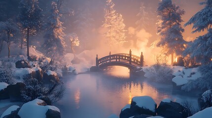A tranquil hot spring in a snowy forest, with steam rising, a wooden bridge and soft light creating a serene ambiance