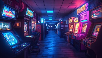 Retro arcade hallway lined with glowing machines, a nostalgic throwback to classic gaming culture