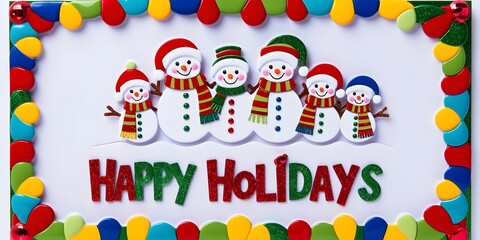 Fototapeta premium Fun Festive Greeting Card with Colorful Border and Snowmen
