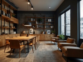 Cozy office with wood furniture, ideal for work.