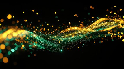 A dynamic stream of glowing green and yellow binary code flowing diagonally on a dark background, symbolizing rapid data transfer --ar 16:9