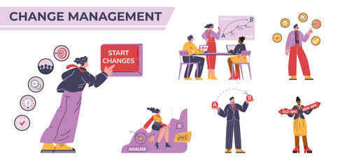 Set of change management vector illustrations with characters on isolated background.