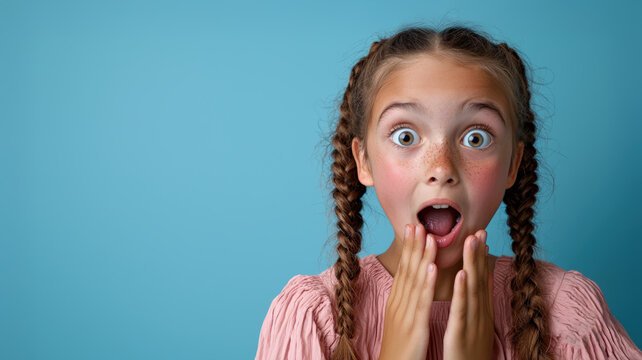 fillette avec des tresses qui a les mains sur les joues, &eacute;tonn&eacute;e et surprise