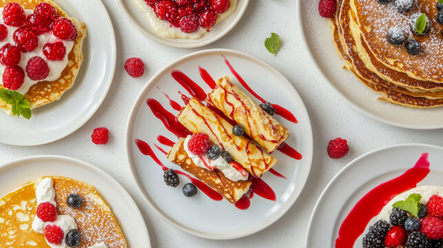 Delicious breakfast spread featuring rolled crepes filled with creamy filling and topped with fresh berries