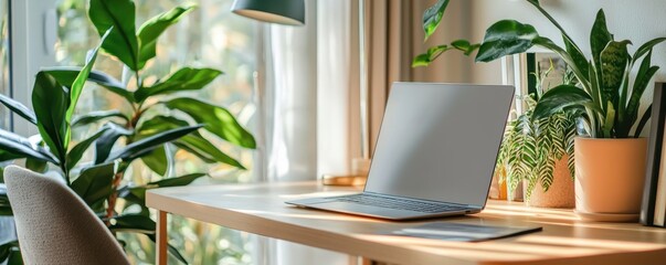 Modern workspace with a laptop on a wooden desk surrounded by lush green plants, natural light streaming through a nearby window.