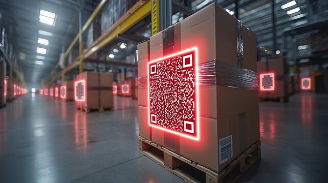 Modern Distribution Center with Parcel Boxes and Glowing QR Codes Scanned by Digital Devices