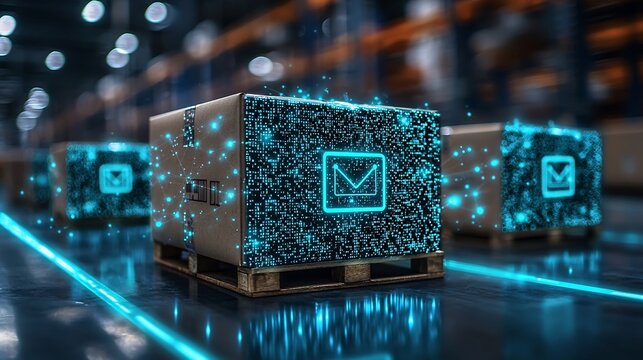 Futuristic Parcel Boxes with Glowing QR Codes Scanned by Digital Devices in a Modern Distribution Center
