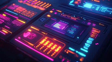 Obraz premium Futuristic Neon Interface Panels Displaying Digital Data