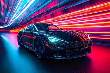 Sleek black car speeding through a glowing neon tunnel, streaks of light trailing dynamically