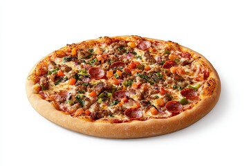 A pizza with pepperoni, sausage, and vegetables