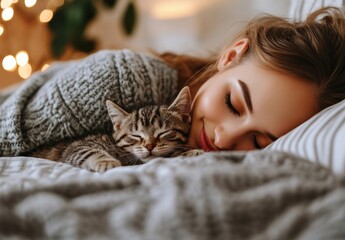 Woman cuddles with her sleeping cat in a cozy bedroom