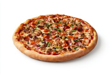 A pizza with a variety of toppings including pepperoni, mushrooms, and peppers