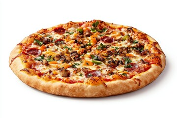 A pizza with mushrooms, peppers, and cheese