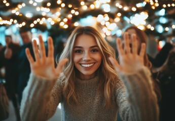 Fototapeta premium Smiling young woman celebrating with friends in festive lights