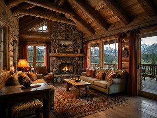 Cozy rustic log cabin interior with a mountain view.