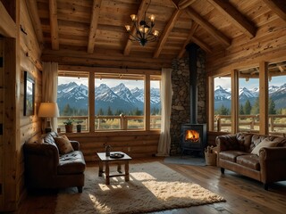 Cozy rustic log cabin interior with a mountain view.