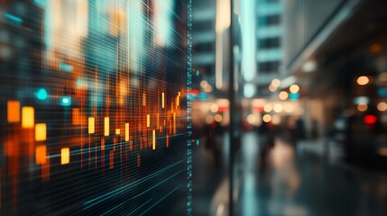 Digital stock market graph overlay on blurred urban cityscape background, showcasing financial data visualization in a modern metropolis setting.