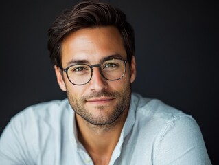 Obraz premium Portrait of a confident man in glasses, wearing a light blue shirt against a dark background, exuding a professional and approachable aura.