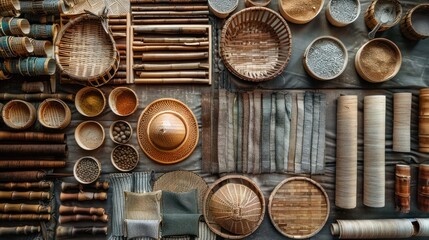 Collection of handmade artisanal pottery ceramics and woven crafts with natural textures and patterns in a rustic earthy setting