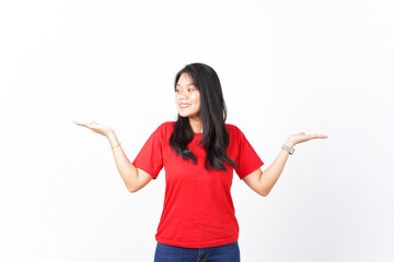 Showing and Presenting Two Product on Open Palm Of Beautiful Asian Woman wearing red shirt Isolated On White Background