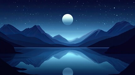 Obraz premium A tranquil night scene with a full moon reflecting on a calm lake, surrounded by dark, shadowy mountains under a starry sky