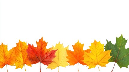 A colorful array of autumn leaves in various shades against a white background.