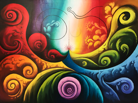 Vibrant abstract canvas with geometric patterns and central bindu symbol of creation