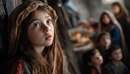 Obraz premium Child gazing upward in a rustic setting during storytelling