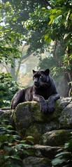 Obraz premium Close up of black panther resting on rocks in jungle habitat, feline, alert
