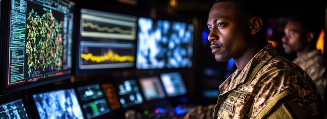 Obraz premium Military personnel monitor data in high-tech operations center