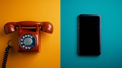 A vintage orange rotary phone sits against a bright orange background, contrasting with a modern...