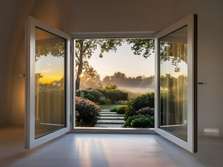 Modern window with sleek frames opening to a serene sunrise over a lush garden