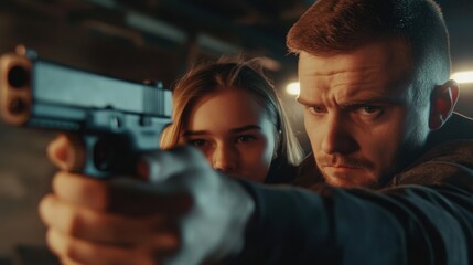 Intense moment of focus during training with a firearm indoors