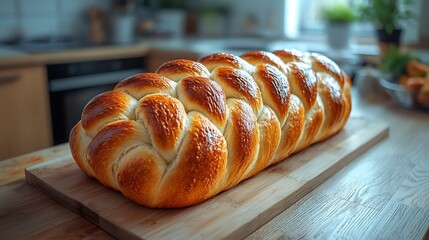 Freshly Baked Golden Challah Bread with Warm Glow and Soft Cozy Lighting