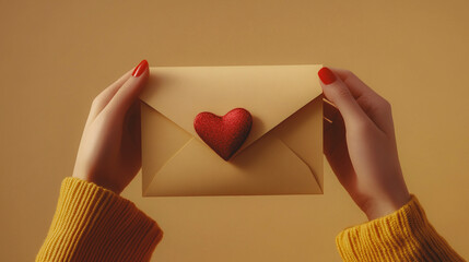 Paper envelope stamped in the shape of a red heart in a woman's hand. Confession of love, letter for Valentine's Day on February 14 I love you concept