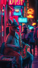 Discover a whimsical world where a jazz playing kangaroo captivates the nightlife, illuminated by vibrant neon signs. A unique blend of art and urban culture