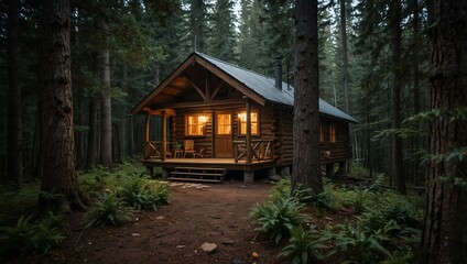 Cozy wooden cabin in a serene forest.