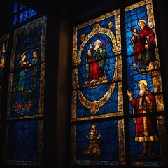 Obraz premium A stained-glass window illuminated by Christmas lights.