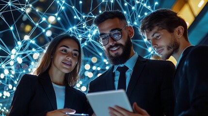 Group of Professionals Collaborating on Digital Tablet with Futuristic Data Network Background Showing Connectivity and Innovation in Business Environment