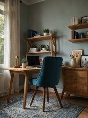 Cozy workspace with a blue chair and wooden table.