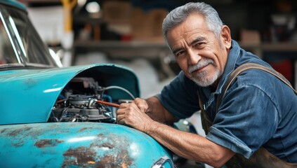 Skilled mechanic working on vintage car in garage setting