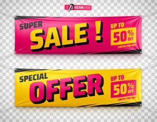 Fototapeta premium Vector realistic illustration of promotional banners on a transparent background.