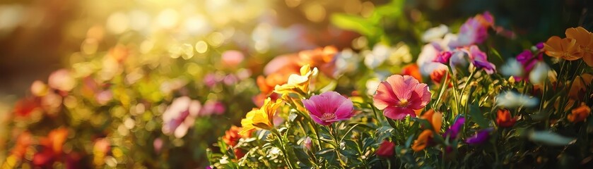 Naklejka premium Vibrant garden blooms in warm sunlight, showcasing colorful flowers in a serene setting, capturing the essence of nature's beauty and tranquility.