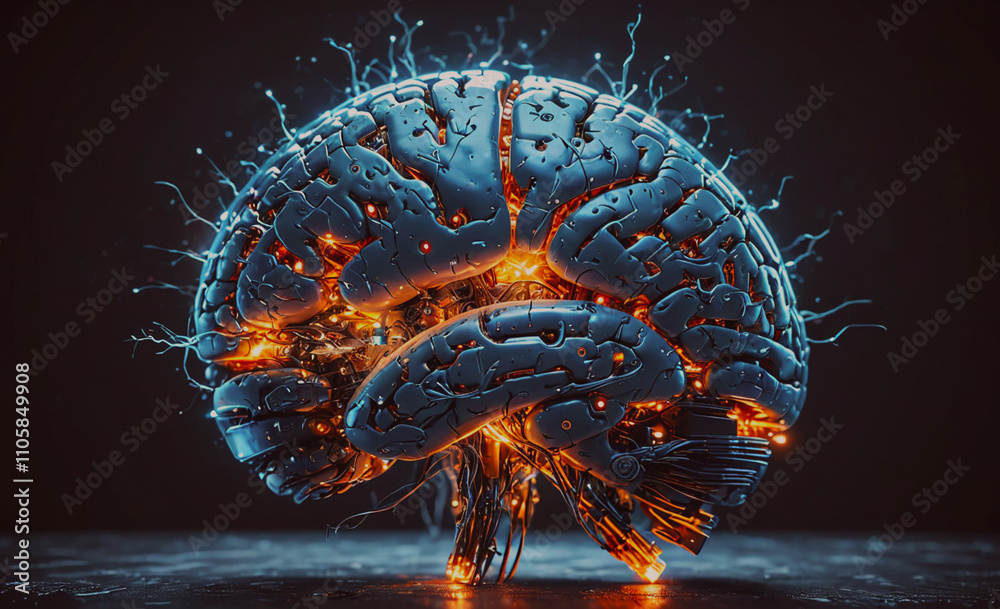 Poster Brain with wires and lights on it. The brain is on a table