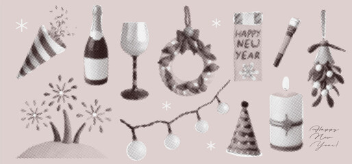 Christmas halftone collage dotted elements set. Various monochrome New Year stickers with vintage texture. Modern retro grunge mixed media vector illustration